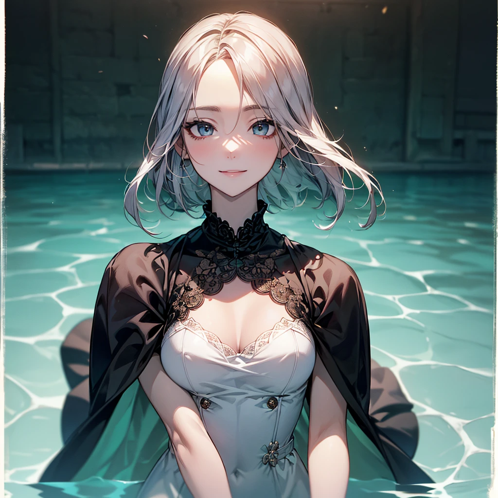 (Biologically correct limb count)、Full body, including face、4K、masterpiece、Focus on the face、Well-proportioned facial features、Delicate descriptive eyes、Beautiful woman、Excellent style、(head band、red gothic dress、High heels)、(smile）、(Close-up photo of the upper body）、look up、Photos with white borders、Looking into the camera、Standing on the surface of the water、