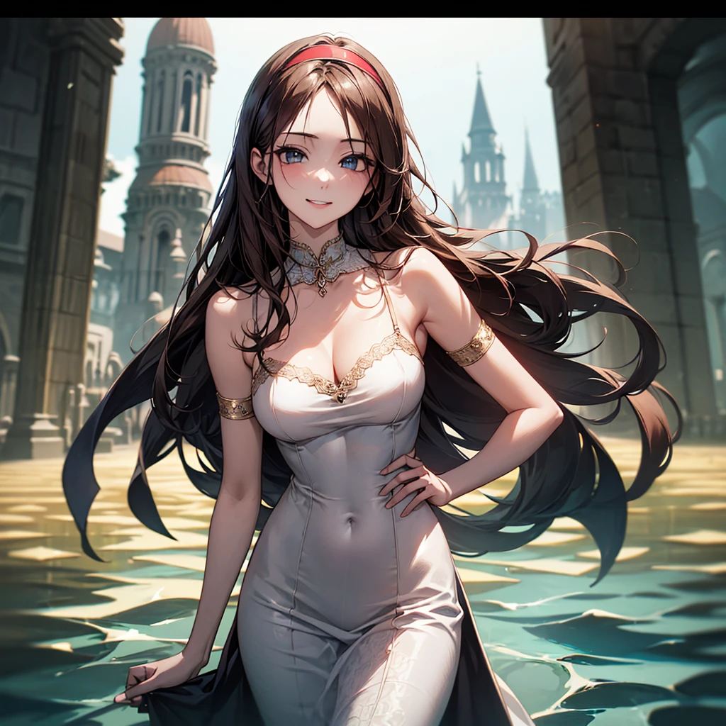 (Biologically correct limb count)、Full body, including face、4K、masterpiece、Focus on the face、Well-proportioned facial features、Delicate descriptive eyes、Beautiful woman、Excellent style、(head band、red gothic dress、High heels)、(smile）、(Close-up photo of the upper body）、look up、Photos with white borders、Looking into the camera、Standing on the surface of the water、