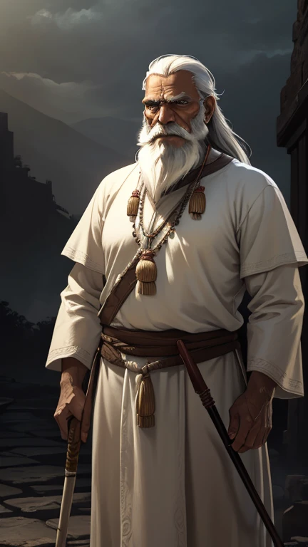 a detailed portrait of an old indian man, full height, wearing a white tunic, holding a cane, NSFW, night scene, dramatic lighting, cinematic, ultra-realistic, photorealistic, high resolution, 8k, best quality, intricate details, wrinkled skin, weathered face, piercing eyes, long beard, dramatic shadows, moody atmosphere