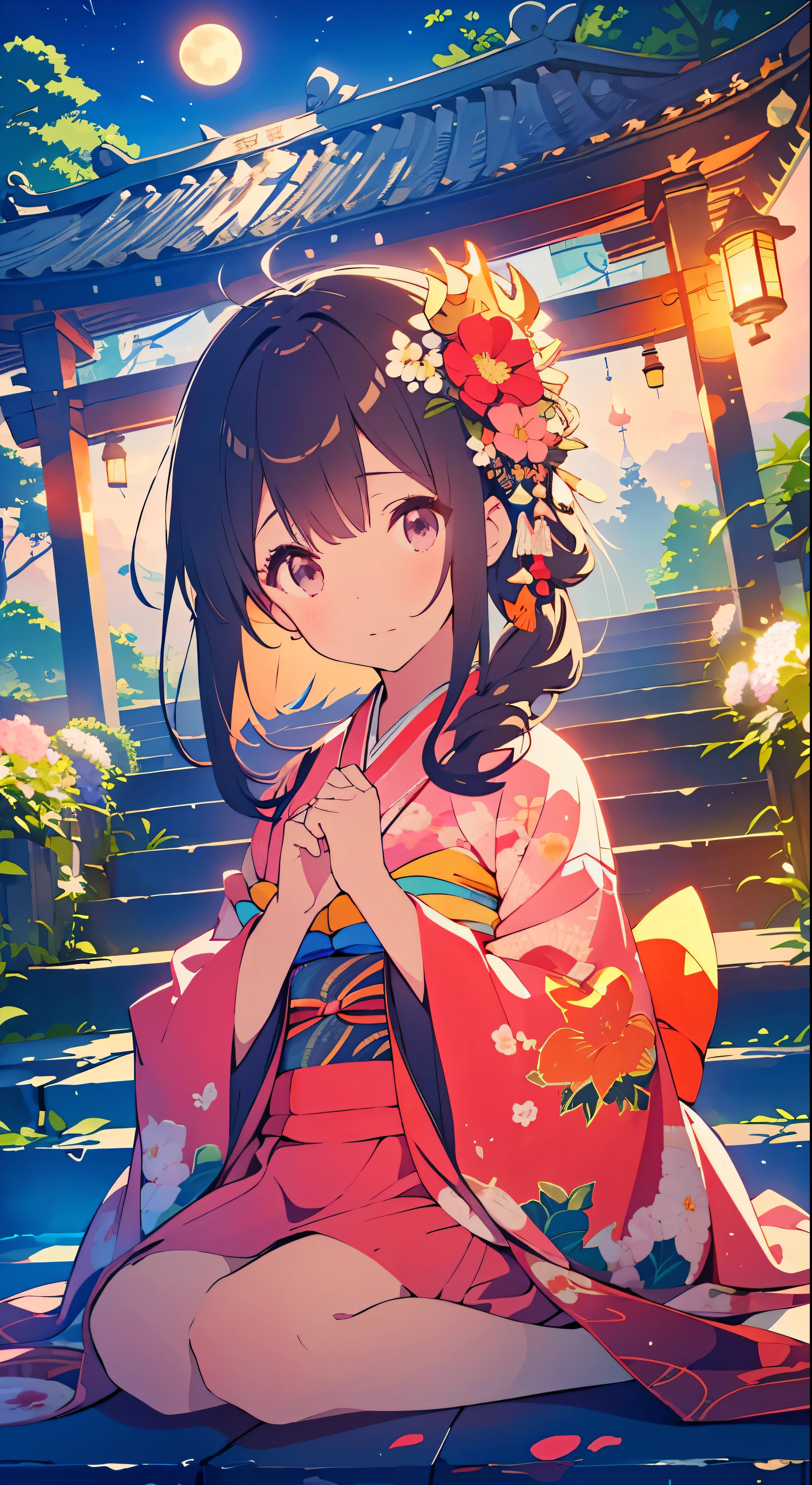 Highest quality、high_resolution、distinct_image、Detailed Background、girl、kimono、flower、garden、moon、night、A downward angle、Wide Shot、Crown、