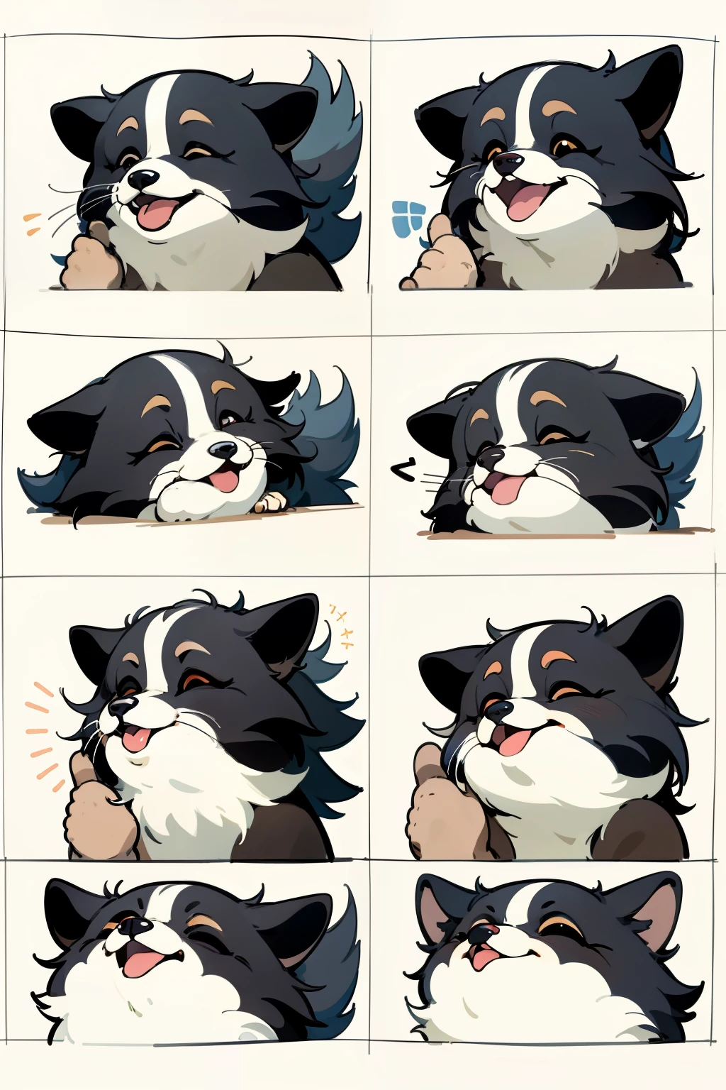 Cute cartoon border collie in a nine-panel grid layout, each panel showcasing a close-up of its facial expressions. The first panel reveals a playful smile, the second a curious tilt of the head, the third a gentle bark, the fourth a shy blink, the fifth an eager look, the sixth a happy wag of the tail, the seventh a thoughtful ponder, the eighth a contented yawn, and the final panel capturing a deep sleep. The design employs a sticker art approach, characterized by simple lines and flat colors, reminiscent of a hand-drawn style with thick, simple outlines against a pristine white background.