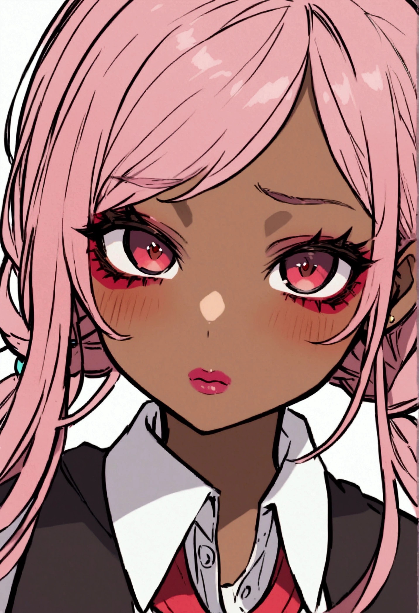 a girl with pink hair, brown-skinned complexion, red eyes with green yandere simulator bullying uniform and yandere simulator style gyaru makeup