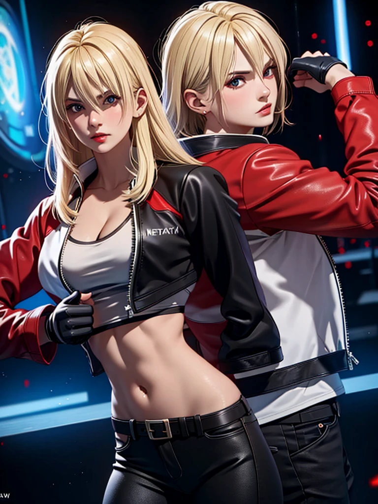 25-year-old woman, alone, blonde hair, red jacket, black t-shirt, black belt and black pants, black fingerless exercise gloves, annoyed look, expelling great blue power, cinematic, ultra-sharp focus, photography award winning, perfect contrast, high sharpness, depth of field, ultra detailed photography, global illumination, fluid, ultra high definition, 8k, Unreal Engine 5, ultra sharp focus, award winning photography, art station trends