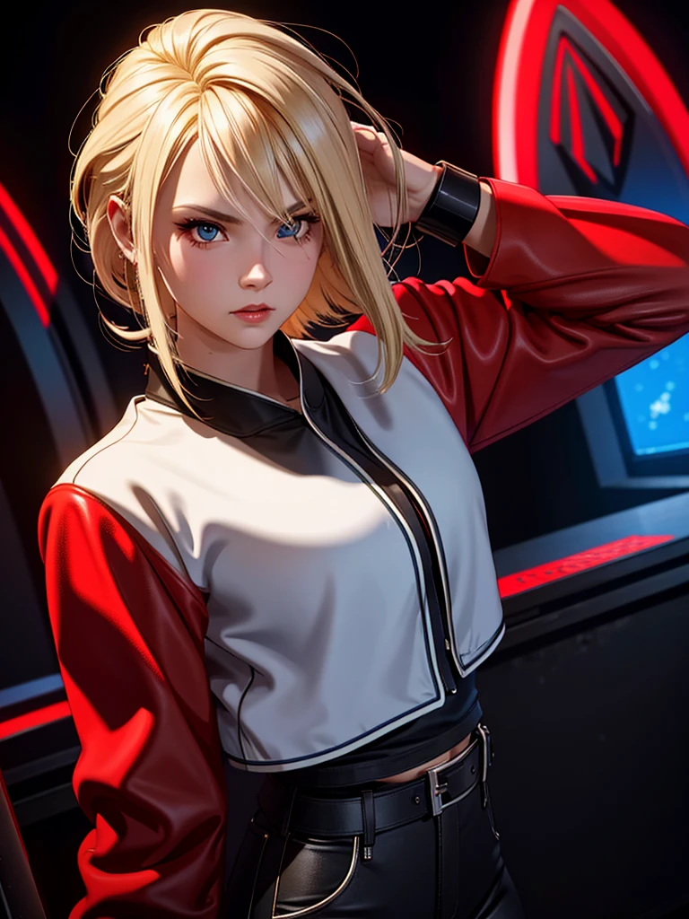 25-year-old woman, alone, blonde hair, red jacket, black t-shirt, black belt and black pants, black fingerless exercise gloves, annoyed look, expelling great blue power, cinematic, ultra-sharp focus, photography award winning, perfect contrast, high sharpness, depth of field, ultra detailed photography, global illumination, fluid, ultra high definition, 8k, Unreal Engine 5, ultra sharp focus, award winning photography, art station trends
