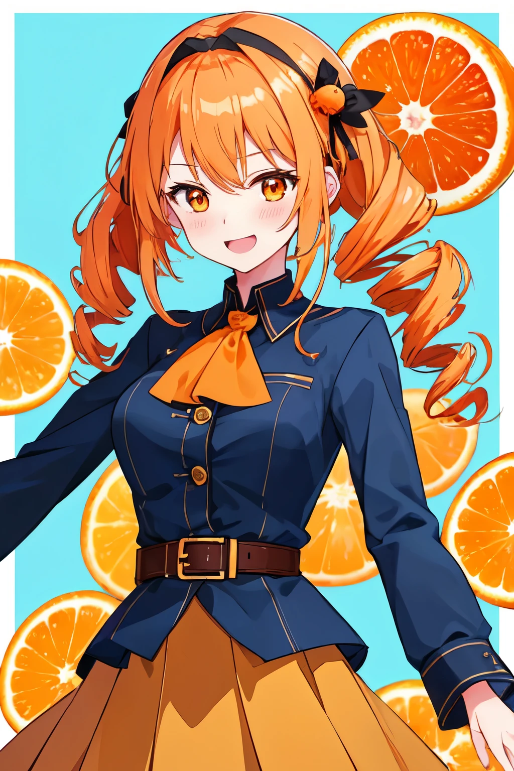 ((absurdres, highres, ultra detailed, high resolution, masterpiece, best quality, very fine 8KCG wallpapers)), 1 girl, solo, :D, ahogee, bangs, belt, blush, buttons, drill hair, eyebrows visible through hair, hairband, leaf, long hair, long sleeves, looking at viewer, medium breasts, open mouth, orange flower, orange hair, orange nails, orange theme, red bow, smile, twin drills, waitress, (sliced oranges background, background with large drawing of a sliced oranges:1.3), Wearing panties and a bra