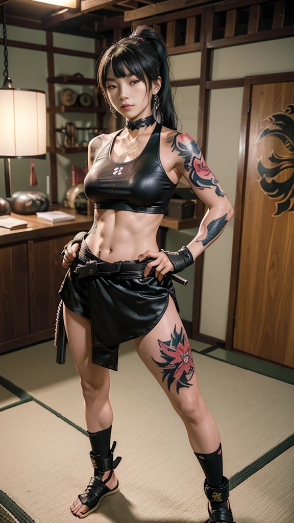 Beautiful Thai-Melanesian female, (), Mixed Martial Arts, (navel baring, everyday house clothes:1.3), tank top, (MMA gloves ), fit, (muscles:1.2), athletic feminine body, female fitness model body, Tokyo landmarks in the background, masterpiece, perfect lighting, ultra high resolution, 8K, She is an exceptional MMA fighter, hard toned feminine body, (very long ponytail, straight bangs:1.2), (sexy smile for the camera:0.7), (very sexy pose), (kung fu fighter in fighting stance, holding very large weapon in hand, wearing very large weapon, standing with very large weapon, raising very large weapon:1.3), (tattoos all over body, 80% of body covered in Japanese tattoos:1.5), red lips, red high heels, choker, necklace, earrings, (highly detailed:1.4), From the front, looking at the camera, melancholic expression, (Tokyo city, many people in the background),