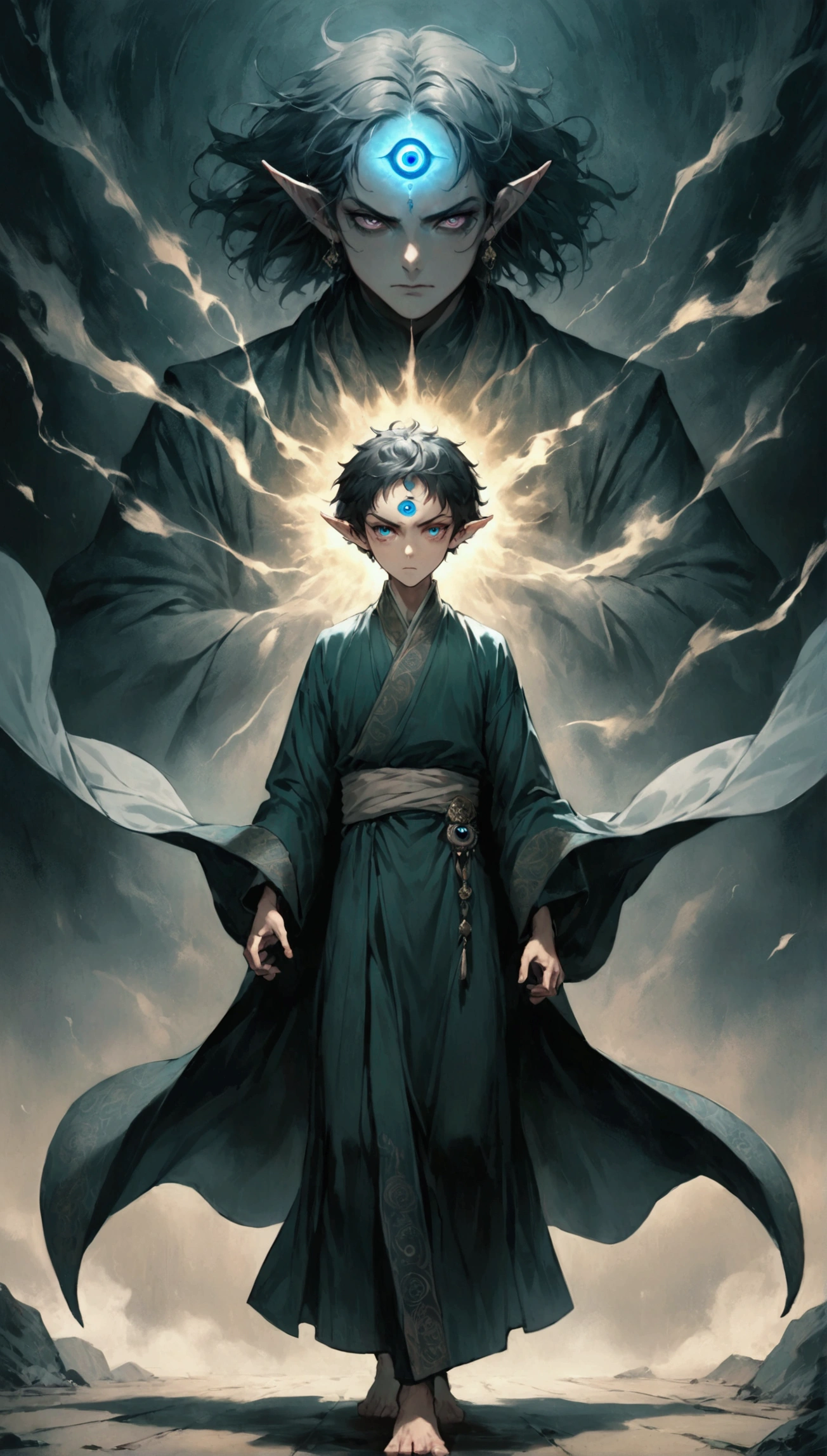 a boy with short hair, solo, third eye on the forehead, elf ears, long robe with eye patterns and dark colors, full body shot, death stare background, dynamic pose