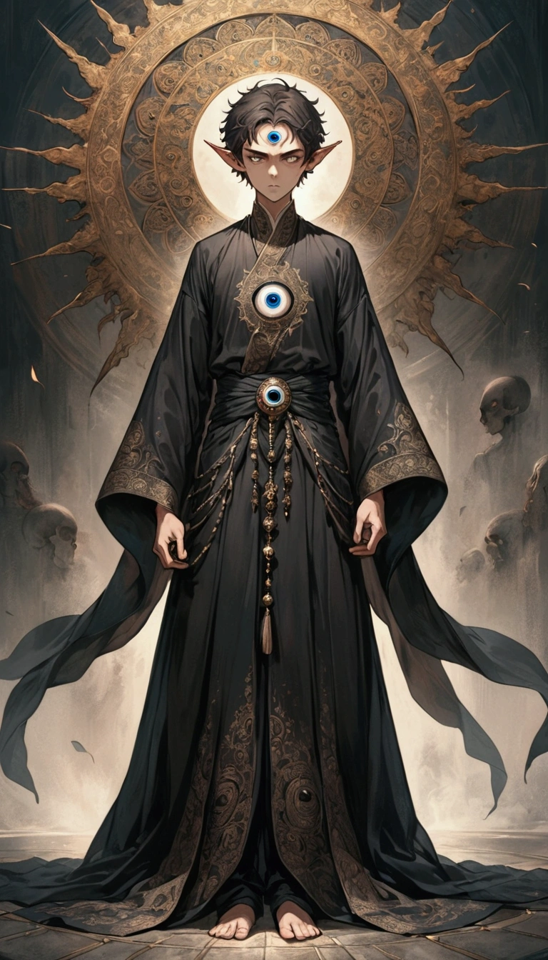 a boy with short hair, solo, third eye on the forehead, elf ears, long robe with eye patterns and dark colors, full body shot, death stare background, dynamic pose