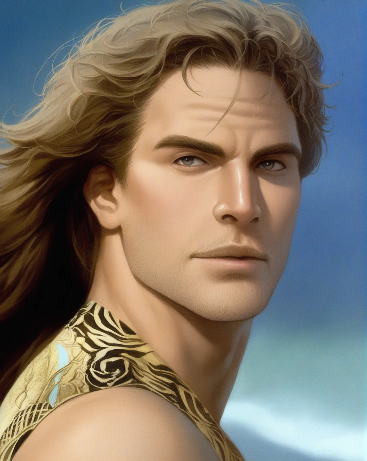 arafed man with long hair and a patterned top on a beach, 1 9 8 0 s mullet haircut, beautiful young prince, greg hildebrant, greg olsen, beautiful young man, 80s versace ad, bruce weber, peter jones, inspired by Peter Brandes, dio brando, inspired by Cedric Seaut, tom cruise, tim hildebrant, beautiful male face