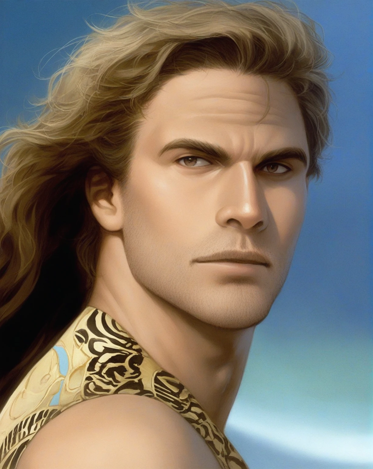 arafed man with long hair and a patterned top on a beach, 1 9 8 0 s mullet haircut, beautiful young prince, greg hildebrant, greg olsen, beautiful young man, 80s versace ad, bruce weber, peter jones, inspired by Peter Brandes, dio brando, inspired by Cedric Seaut, tom cruise, tim hildebrant, beautiful male face