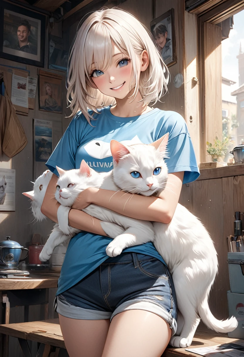 Super realistic T-shirt, shorts, hugging a white cat, smiling face