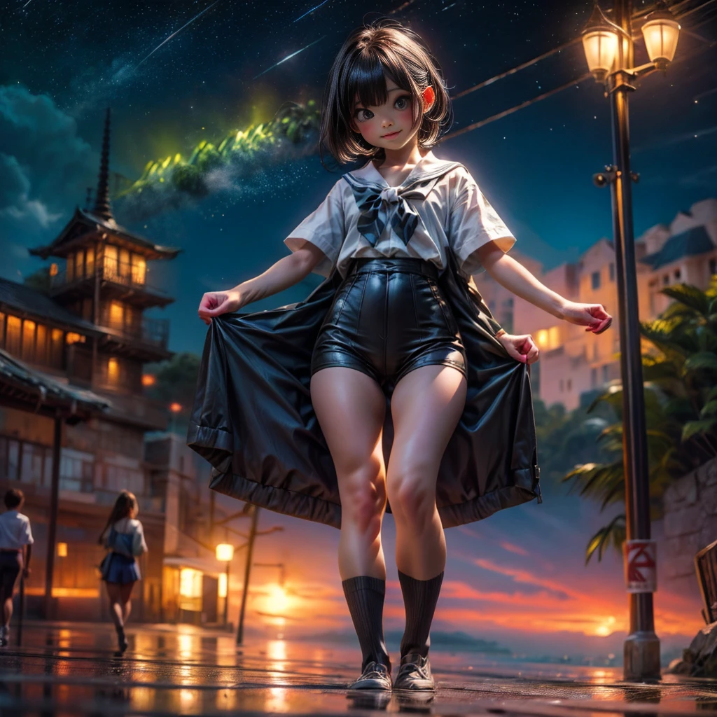 Masterpiece of ProfessionalPhoto ((ExtremelyDetailed (12 PICHIPICHI KAWAII Girls Floating in The Air in a row:1.37) in WHITE at Dusk Enoshima Beach)), {(Standing Full Body:1.2)|(from below:1.2)|Detailed KAWAII face}, Different types of hair colors, {(skinny(school swimwear))|(SchoolUniform)with Tiny AthleticShorts}, {(Corrected Childish hand)|Hidden hand|Different types of breasts|(Clearly Visible the shape of Butt)}, Joyful Expressions LifeLike Rendering, Detailed clothing texture, PerfectLighting, (Dazzling Horizon Visible through ThighGap), (Starry IridescentParticles:1.22) ColorfulClouds