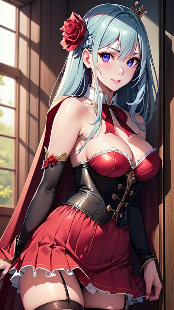 masterpiece, best quality, solo girl, silverly blue hair, purple eyes, long hair, medium breasts, sexy body and face, wavy hair, smile, parted lips, red lips, ribbon, crown of thorns, thorns, (red cape, dress flower), detached sleeves, hair flower, hair ornament, long sleeves, black corset, long skirt, red dress, rose, strapless dress, long skirt, thighhighs, thighlet, red nails, dress flower, black thighhighs, mksks style, beautiful background, orchestra, indoors, sexy pose, cowboy shots, sharp focus, ultra-detailed body, face, and eyes, vibrant, creative, dynamic, high definition, high resolution, 8k, (Upscale: R-ESRGAN 4x+ Anime6mage enchance:4x), voluptuous body, cinema lightning, looking at the viewer, (realistic:1.4), (beautiful detailed face, beautiful detailed eyes, volumetric lighting), 