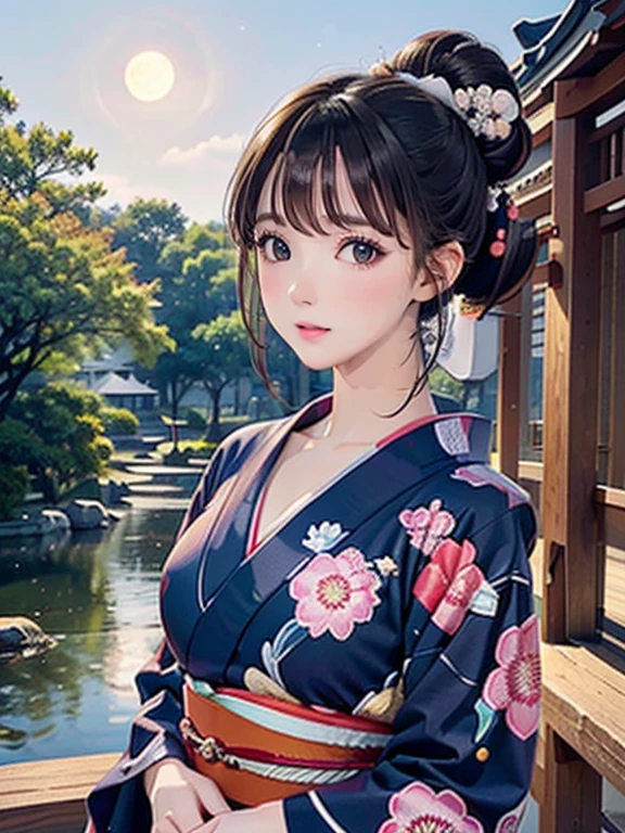 (Highest quality、 8k wallpaper、masterpiece、High resolution)、Vibrant colors、Ample breasts、Black hair in a Japanese round topknot、Brown-black bob、Beautiful girl in yukata、Vivid floral pattern、whole body、(Highly detailed face and eyes、Beautiful Face、Beautiful Eyes、Beautiful nose、Pretty lips)、A friendly gaze、above the knee shot、Highly detailed background、Japanese garden、moonlight、Full moon and starry sky、Official Art、