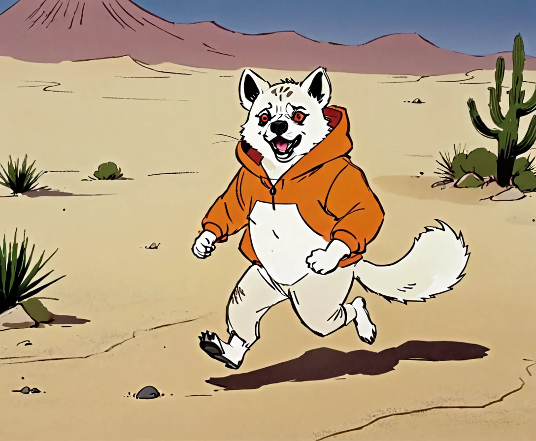 White Tanuki Hyena, Circle Eye, Red Pupil, Pug Mouth, Orange Tracksuit, Running, Desert