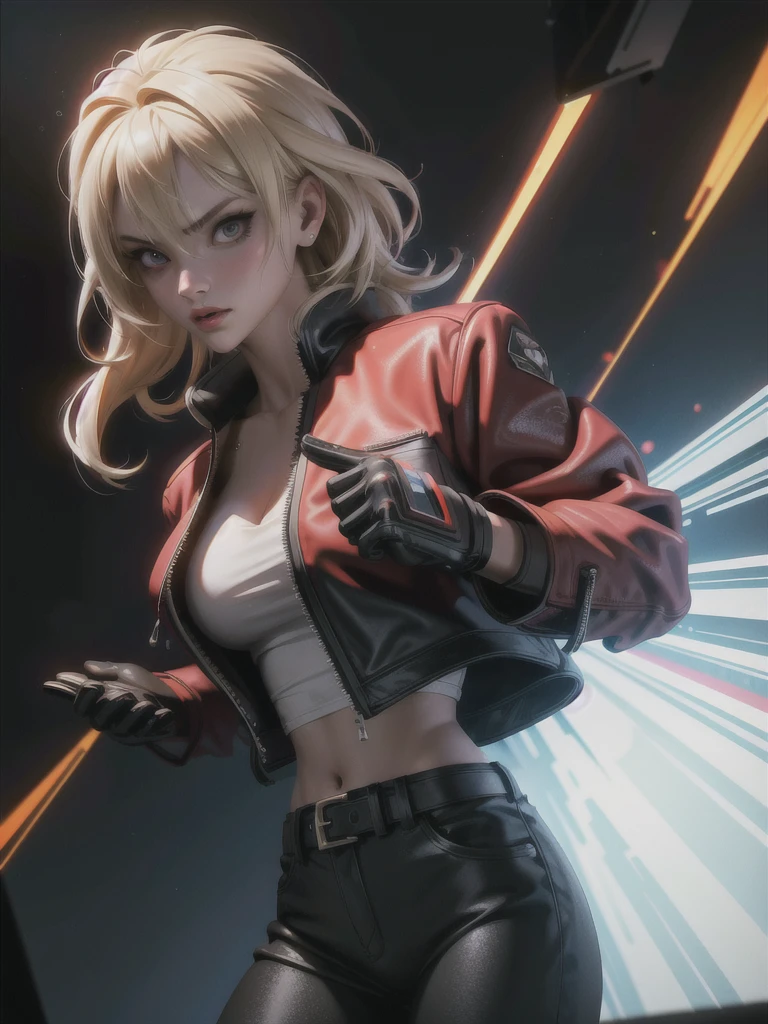 25-year-old woman, alone, blonde hair, red jacket, black t-shirt, black belt and black pants, black fingerless exercise gloves, annoyed look, expelling great blue power, cinematic, ultra-sharp focus, photography award winning, perfect contrast, high sharpness, depth of field, ultra detailed photography, global illumination, fluid, ultra high definition, 8k, Unreal Engine 5, ultra sharp focus, award winning photography, art station trends