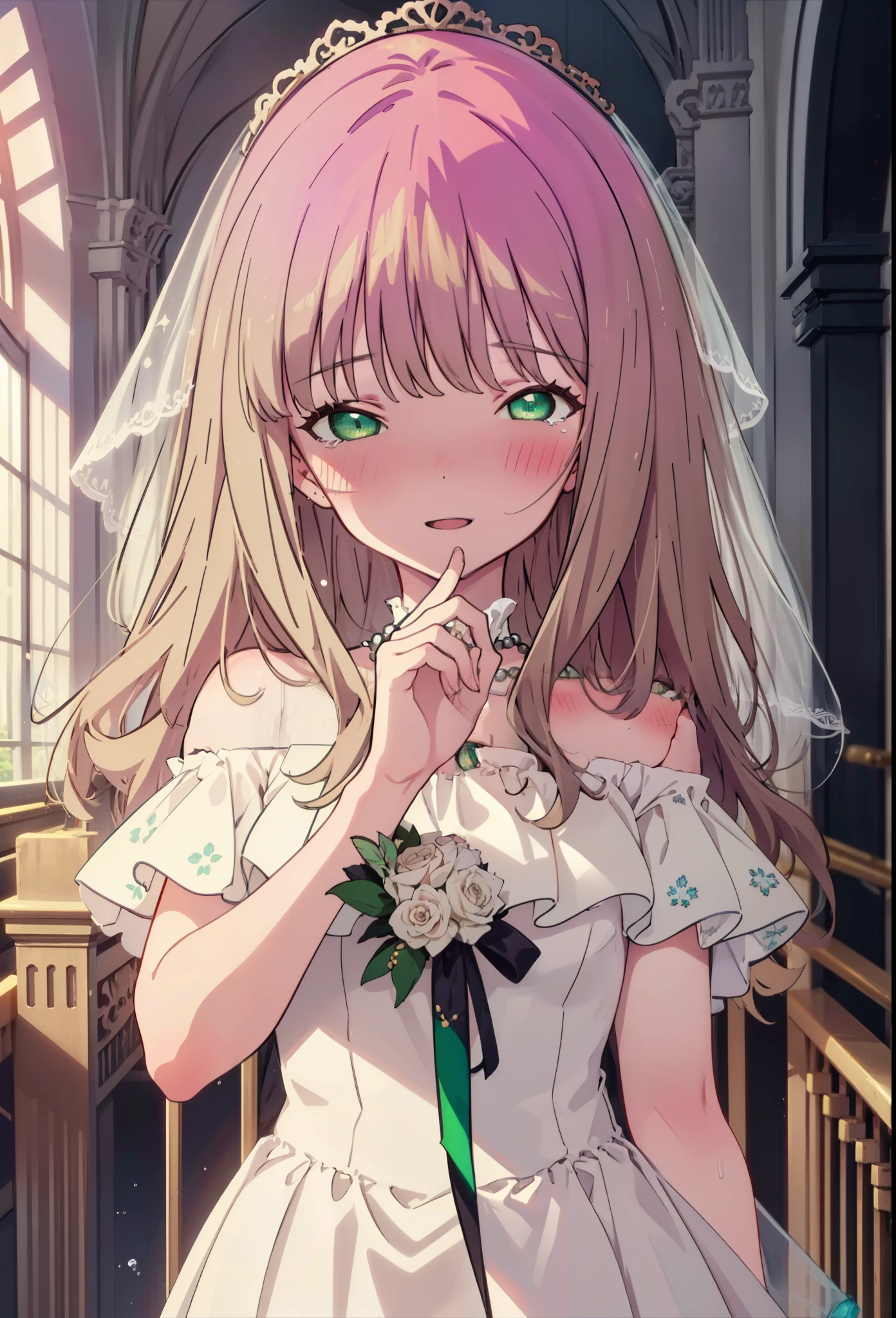 minami yume ,sss Dynazenon ,Long Hair, Brown Hair, (Green Eyes:1.5) ,blush,happy smile, smile, Open your mouth,Off-the-shoulder wedding dresses,Wedden Skirt,necklace,Veil,bouquet,Close both eyes,Tears stream down her face,Tears of joy,I cry a lot,　　　　　　　　　　　　 
 break looking at viewer, whole body,(Cowboy Shot:1. 5) 　　　　　　　　　　　　　　　　　　　break indoors, Chapel,church, 　　　　　　　　　　　break (masterpiece:1.2), Highest quality, High resolution, unity 8k wallpaper, (shape:0.8), (Beautiful attention to detail:1.6), Highly detailed face, Perfect lighting, Highly detailed CG, (Perfect hands, Perfect Anatomy),
