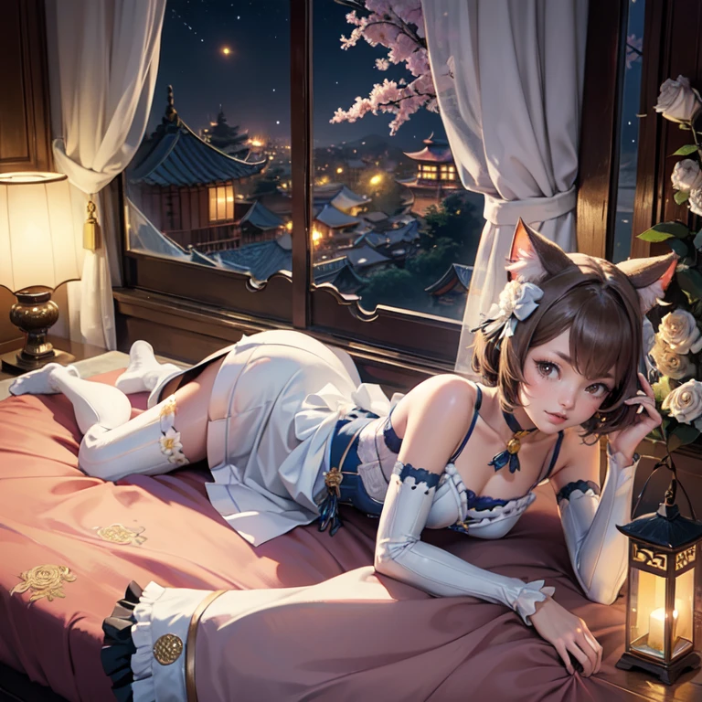 1girl, white roses, ornament hair, cat ears, roses on her hair, maid, maid dress, maid headdress, maid apron, light brown hair, short hair, laying down on the bed, bedroom scene, Chinese maid dress, gold lantern, blue dress, more details on her clothes, golden details, night, smiling, coat, chinese style, solo, alone, crystal, curtains, full moon on the sky, laces, frills, sparkles, fireflies, laying down on the bed, chinese architecture on the background, white roses on the floor, bedroom scenery, solo, 1 girl