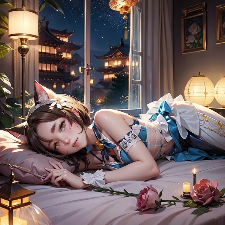 1girl, white roses, ornament hair, cat ears, roses on her hair, maid, maid dress, maid headdress, maid apron, light brown hair, short hair, laying down on the bed, bedroom scene, Chinese maid dress, gold lantern, blue dress, more details on her clothes, golden details, night, smiling, coat, chinese style, solo, alone, crystal, curtains, full moon on the sky, laces, frills, sparkles, fireflies, laying down on the bed, chinese architecture on the background, white roses on the floor, bedroom scenery, solo, 1 girl