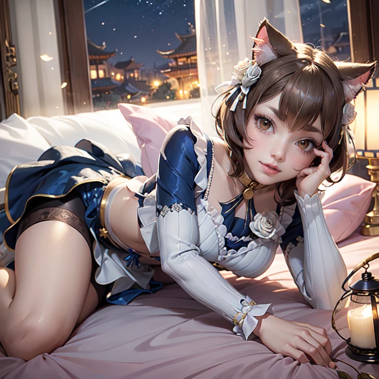 1girl, white roses, ornament hair, cat ears, roses on her hair, maid, maid dress, maid headdress, maid apron, light brown hair, short hair, laying down on the bed, bedroom scene, Chinese maid dress, gold lantern, blue dress, more details on her clothes, golden details, night, smiling, coat, chinese style, solo, alone, crystal, curtains, full moon on the sky, laces, frills, sparkles, fireflies, laying down on the bed, chinese architecture on the background, white roses on the floor, bedroom scenery, solo, 1 girl