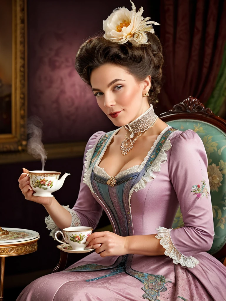 A very elegantly dressed lady drinking a very hot and steaming cup of tea. professional portrait, [detailed], [vivid colors], [realistic], [studio lighting], intricate details, elegant and proper posture, Victorian era clothing, delicate tea set, elegant setting, sophisticated facial expression, refinement from the back of the stage