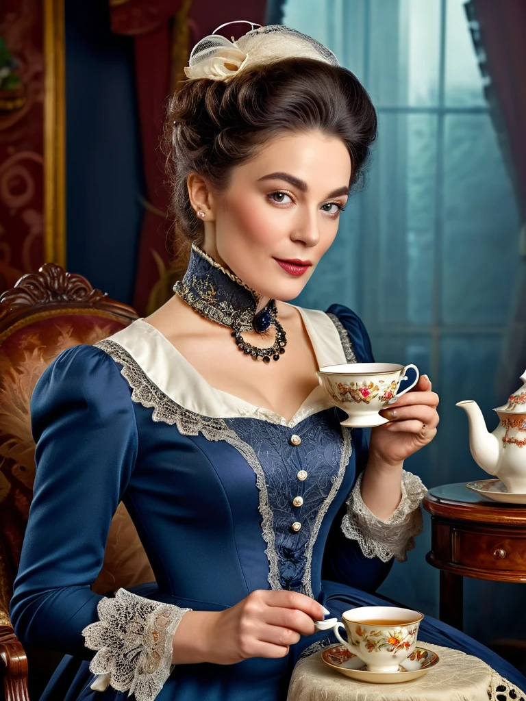 A very elegantly dressed lady drinking a very hot and steaming cup of tea. professional portrait, [detailed], [vivid colors], [realistic], [studio lighting], intricate details, elegant and proper posture, Victorian era clothing, delicate tea set, elegant setting, sophisticated facial expression, refinement from the back of the stage