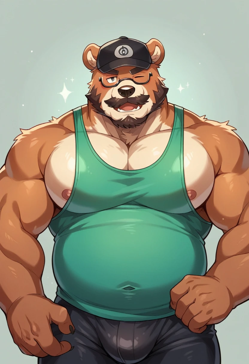 Chubby, furry,male , anthro bear, very plump, middle aged , mouth covered mustache,Thick beard, seductive , detailed , half body , tight teal tank top, glasses, black cap, extremely hot and sexy, eye closed, by hyaku ,by darkgem, by glitter trap boy