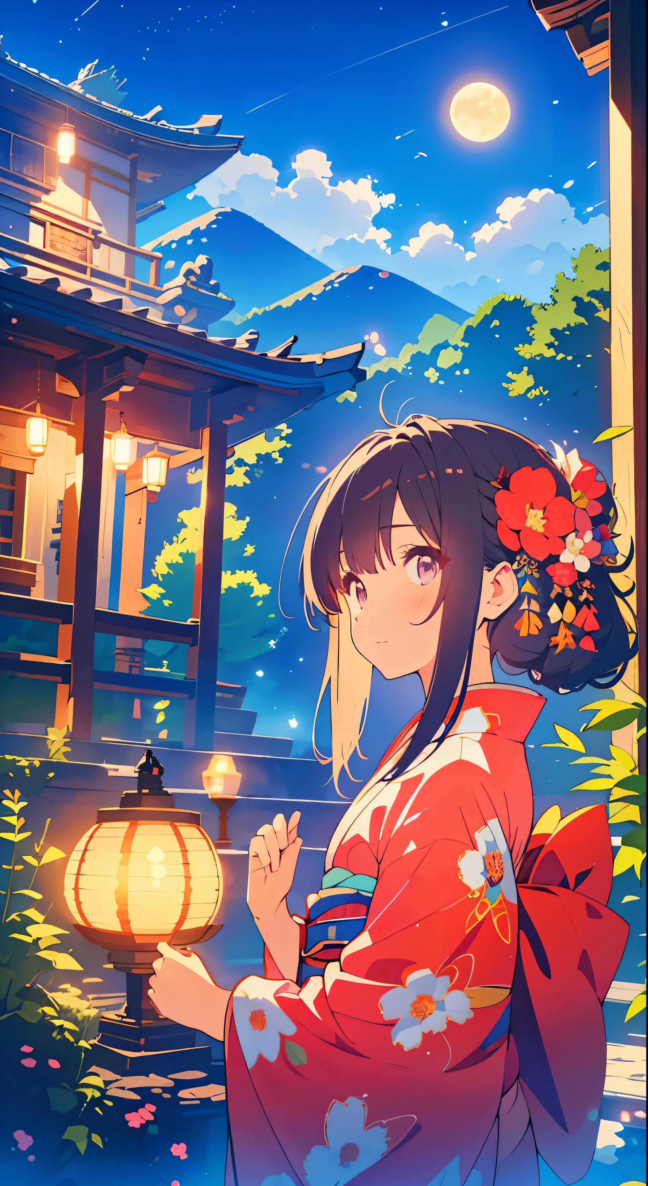 Highest quality、high_resolution、distinct_image、Detailed Background、girl、kimono、flower、garden、moon、night、A downward angle、Wide Shot、Crown、