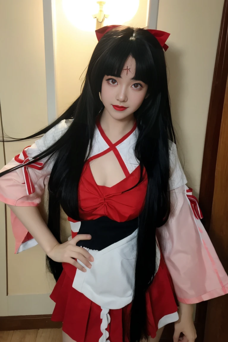 best quality, tmasterpiece,Ultra-high resolution,Clear face,(Reality:1.4),ferpect lighting,(upper body), (photorealistic:1.50), anime wallpaper, Guviz style artwork, cover-up fantasy up to magic , by Yang J, Guviz, beautiful artwork illustration, beautiful digital artwork, beautiful digital illustration, Li Song, beautiful anime portrait, art style in Beauvot, 1girl, 独奏, long hair, (twintails:1.5), hair ribbon, (black hair:1.5), bangs, (purple eyes), double eyelids, blush, Red cheeks, Sleeveless uniform, School uniforms,White shirt, Black skirt, Short skirt, (medium breast:1.5), shagging breasts, Cleavage, indoor, room, standing, From above,