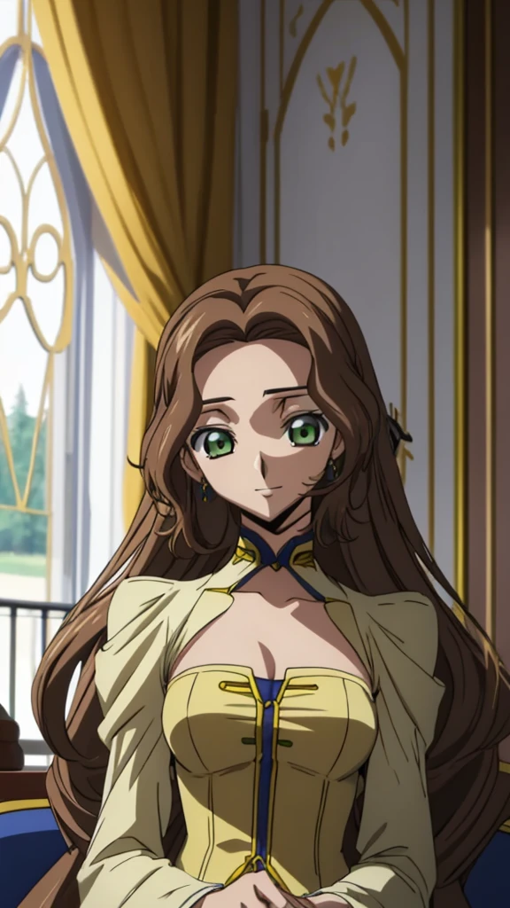 Score_9, score_8, score_7, code Geass_anime, Anastasia lamperough, brown hair and green eyes, long hair, yellow dress, smile, cute, castle, living room, night, best quality, masterpiece+