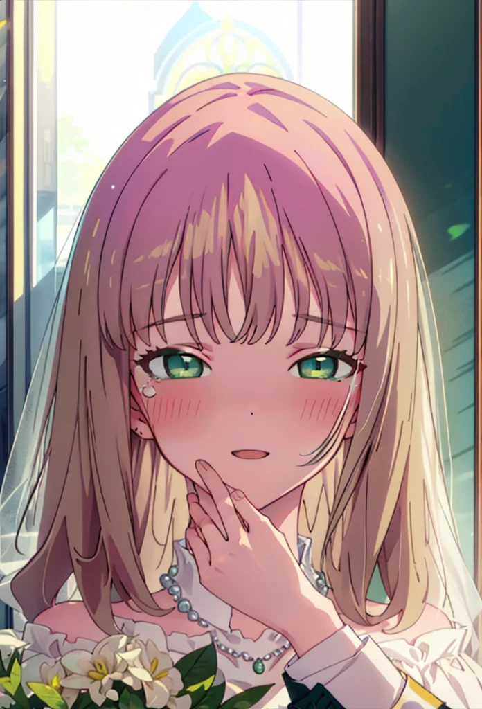minami yume ,sss Dynazenon ,Long Hair, Brown Hair, (Green Eyes:1.5) ,blush,happy smile, smile, Open your mouth,Off-the-shoulder wedding dresses,Wedden Skirt,necklace,Veil,bouquet,Close both eyes,Tears stream down her face,Tears of joy,I cry a lot,
break looking at viewer, whole body,(Cowboy Shot:1. 5) break indoors, Chapel,church, break (masterpiece:1.2), Highest quality, High resolution, unity 8k wallpaper, (shape:0.8), (Beautiful attention to detail:1.6), Highly detailed face, Perfect lighting, Highly detailed CG, (Perfect hands, Perfect Anatomy),