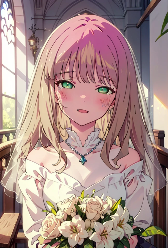 minami yume ,sss Dynazenon ,Long Hair, Brown Hair, (Green Eyes:1.5) ,blush,happy smile, smile, Open your mouth,Off-the-shoulder wedding dresses,Wedden Skirt,necklace,Veil,bouquet,Close both eyes,Tears stream down her face,Tears of joy,I cry a lot,
break looking at viewer, whole body,(Cowboy Shot:1. 5) break indoors, Chapel,church, break (masterpiece:1.2), Highest quality, High resolution, unity 8k wallpaper, (shape:0.8), (Beautiful attention to detail:1.6), Highly detailed face, Perfect lighting, Highly detailed CG, (Perfect hands, Perfect Anatomy),