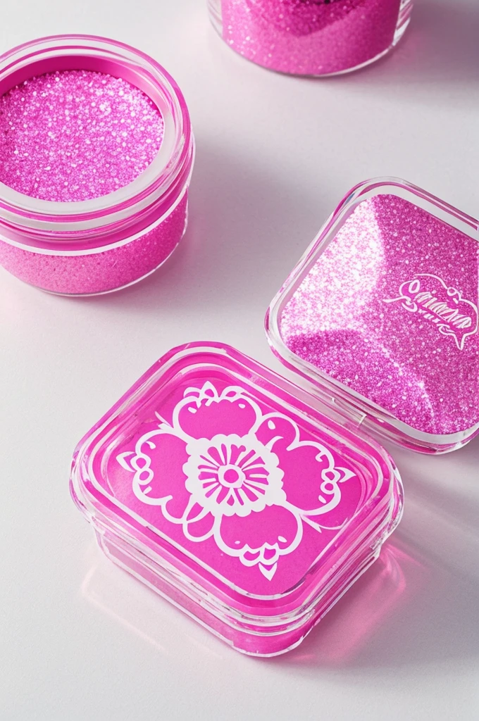 A label for an acrylic container with a kawaii glorar design in fuchsia pink and white colors that has glitter and represents a delicate feminine design with an animated Peruvian flame.