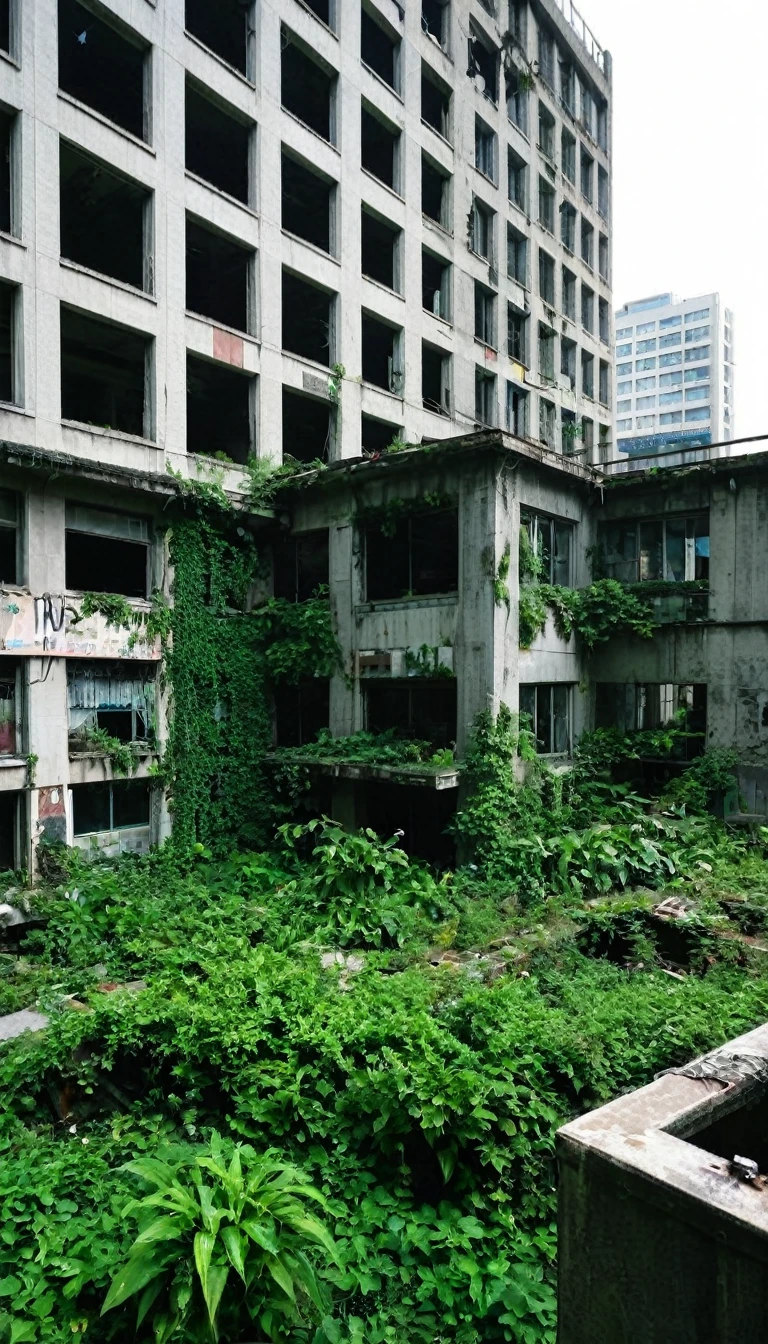 Abandoned cityscape。The plants cover the building、There&#39;s a thin mist in the air。The camera shoots from the ground、An android in the distance（woman）appears small。Her appearance is quiet、It looks lonely in the desolate landscape