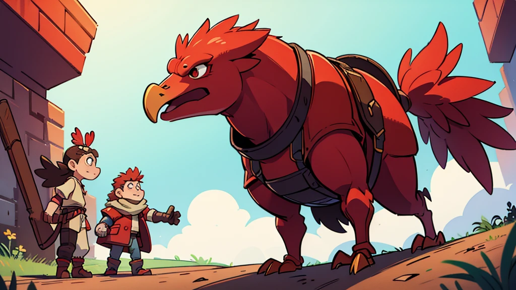 a giant red chicken with a saddle and metal armor
