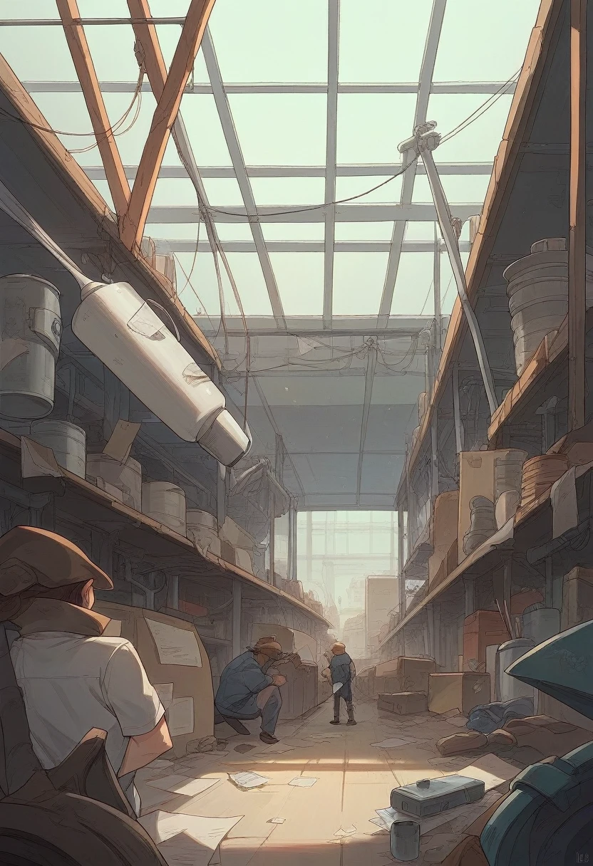 Close-up image of a paper production workshop. In the center is a giant paper making machine..  Around her, specialists in protective suits are watching the process.,  while in another part of the workshop the wood pulp is crushed. Several trucks can be seen in the background,  who brought raw materials.