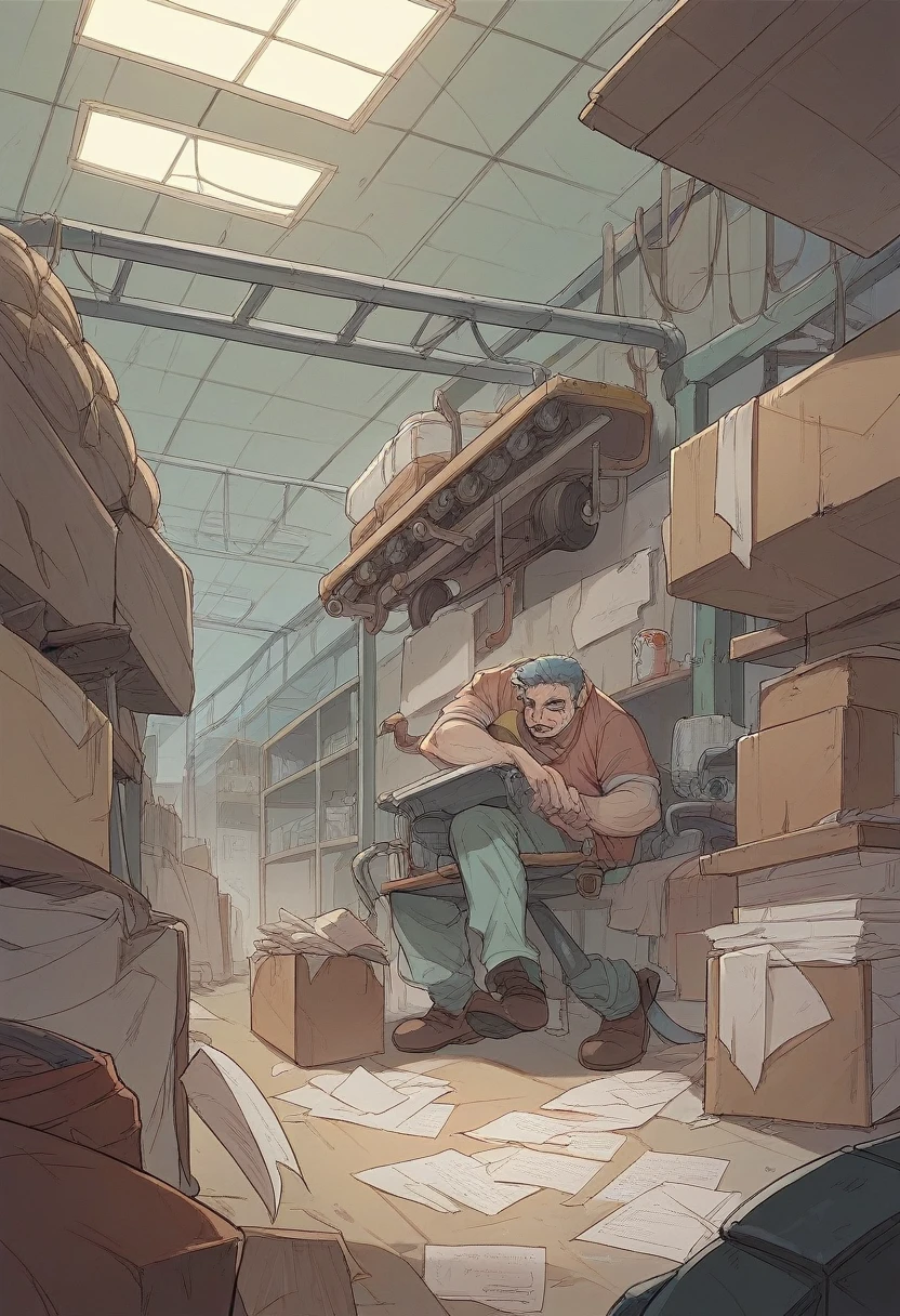 Close-up image of a paper production workshop. In the center is a giant paper making machine..  Around her, specialists in protective suits are watching the process.,  while in another part of the workshop the wood pulp is crushed. Several trucks can be seen in the background,  who brought raw materials.
