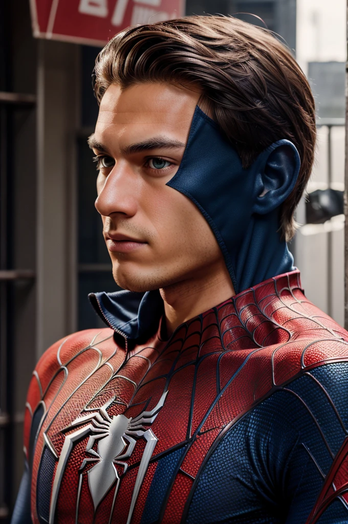 A photograph of spider man, no mask, 20 yo, handsome, detailed face, looking at camera, portrait, 8k uhd, high quality