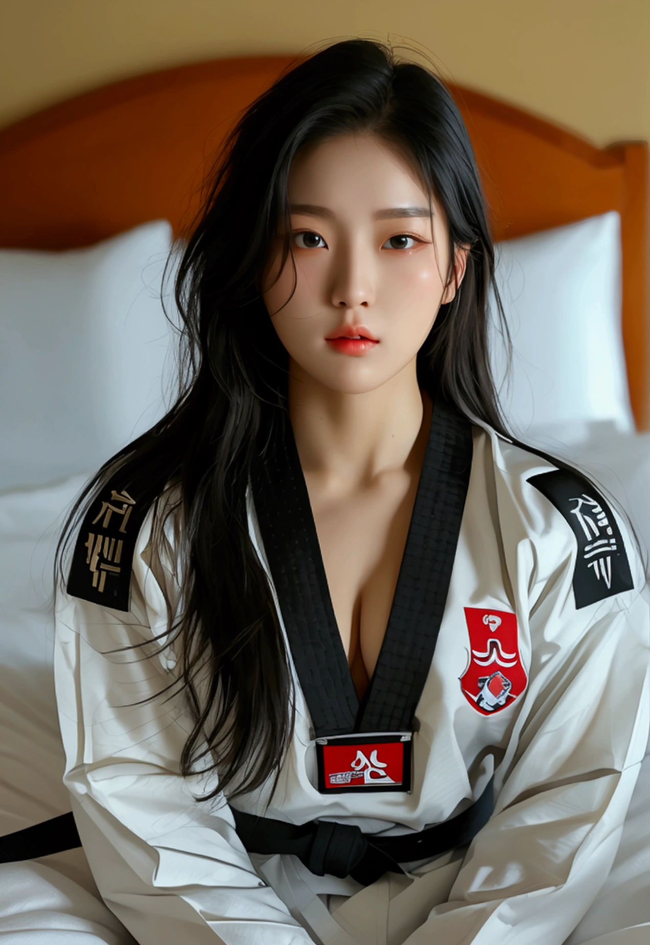 masterpiece, ultra details, best quality, 1 sexy korean taekwondo girl, masterpiece, ultra details, best quality, black long straight hair, wearing white World Taekwondo Federation dobok uniform with black v-neck, wearing taekwondo blackbelt, wearing white martial arts pants without pockets, large sweaty butt, large breasts, laying on hotel bed bending over showing butt, sweat on face