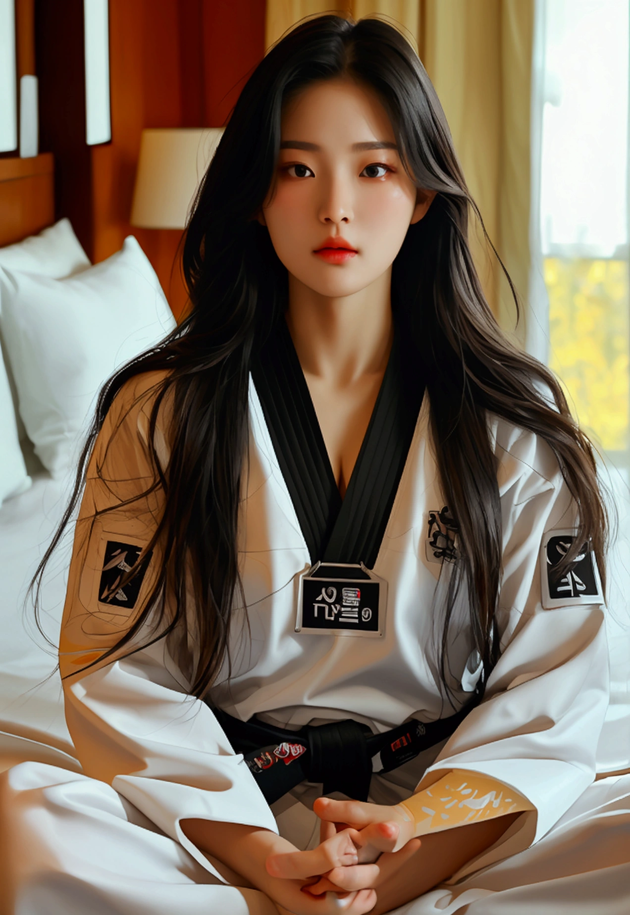 masterpiece, ultra details, best quality, 1 sexy korean taekwondo girl, masterpiece, ultra details, best quality, black long straight hair, wearing white World Taekwondo Federation dobok uniform with black v-neck, wearing taekwondo blackbelt, wearing white martial arts pants without pockets, large sweaty butt, large breasts, laying on hotel bed bending over showing butt, sweat on face