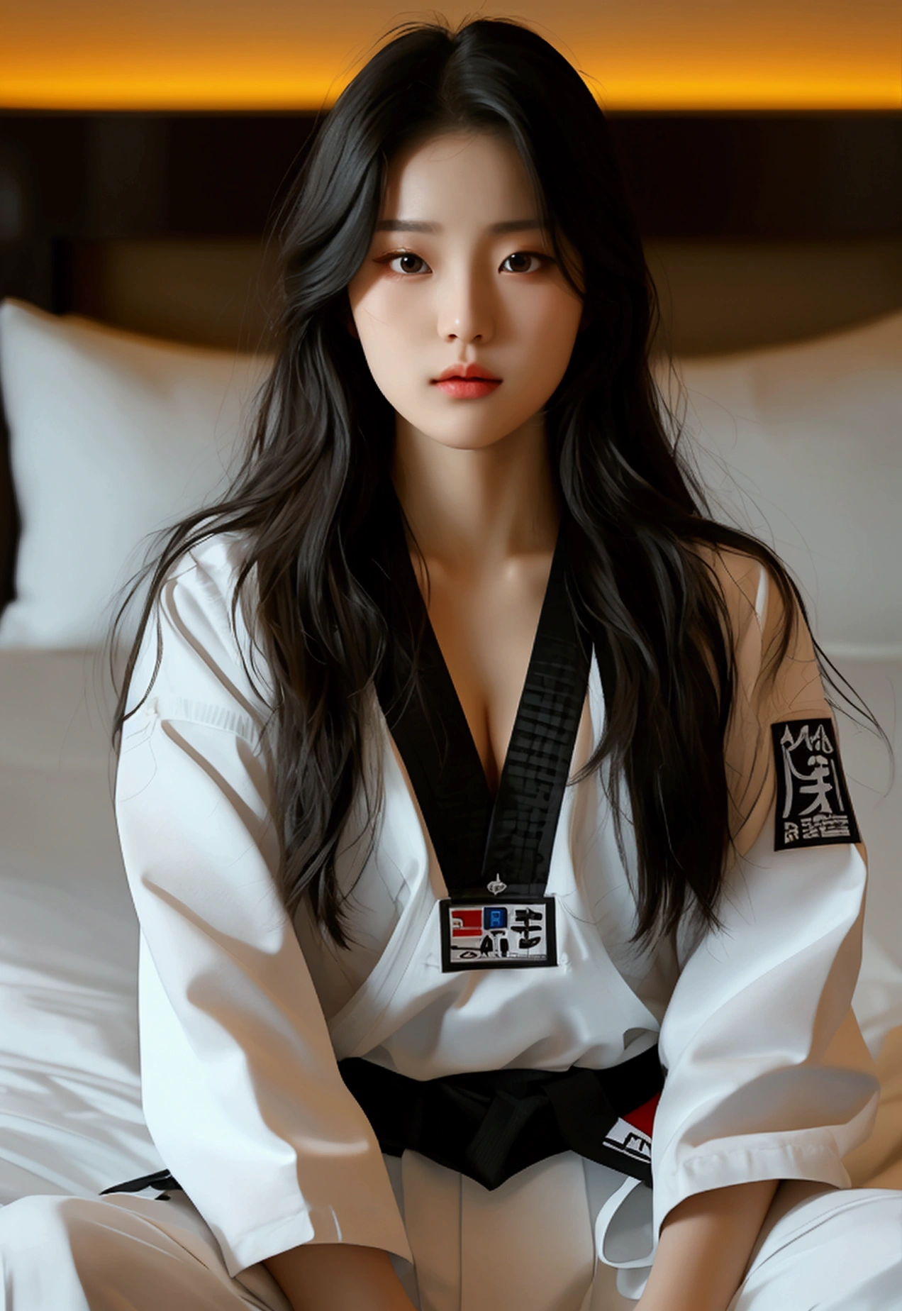 masterpiece, ultra details, best quality, 1 sexy korean taekwondo girl, masterpiece, ultra details, best quality, black long straight hair, wearing white World Taekwondo Federation dobok uniform with black v-neck, wearing taekwondo blackbelt, wearing white martial arts pants without pockets, large sweaty butt, large breasts, laying on hotel bed bending over showing butt, sweat on face