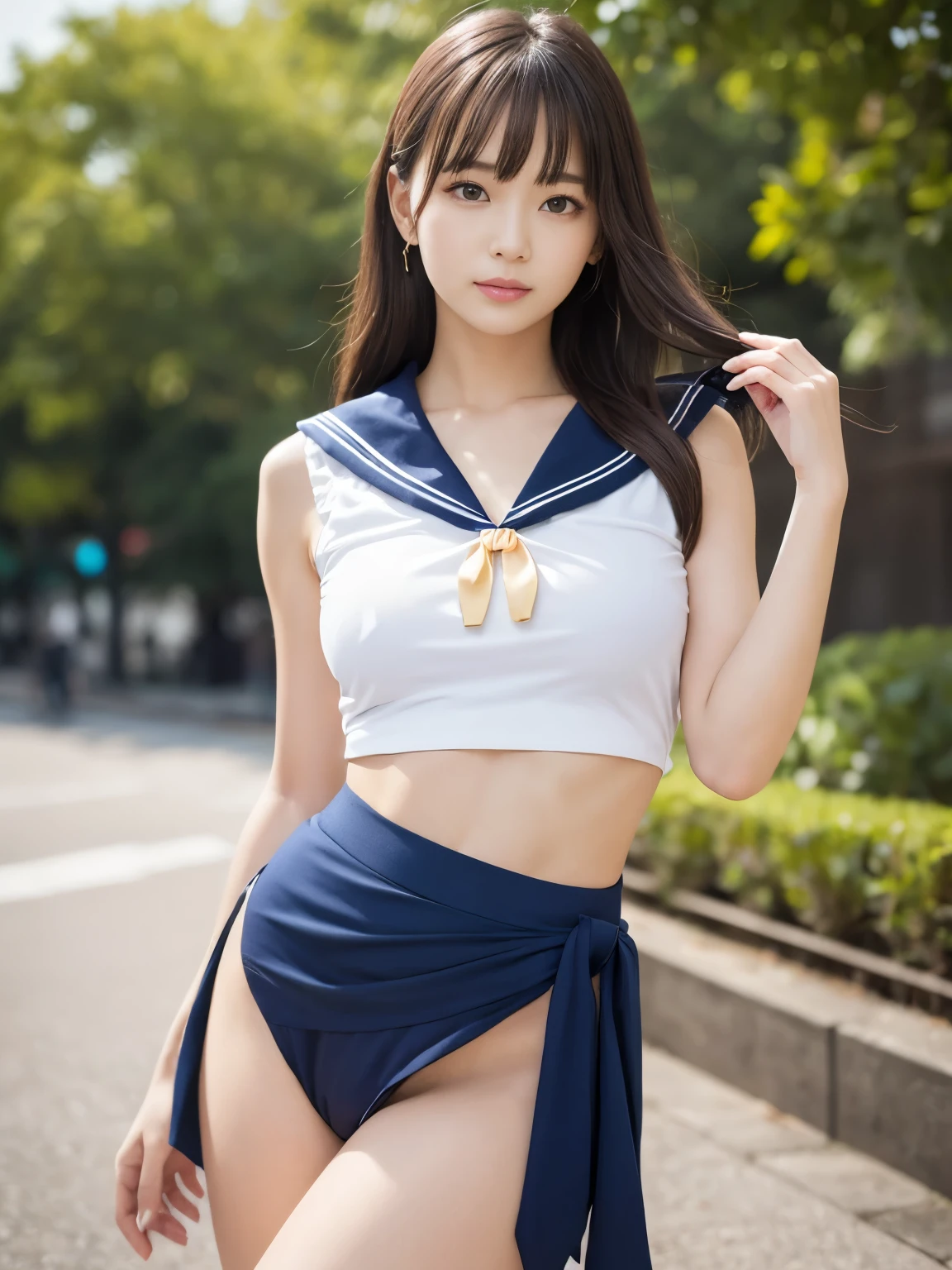 Facing forward、Low rise、(masterpiece:1.3)、(8k、Real、RAW Photos、Highest quality:1.4)、Japanese、(One Girl)、Beautiful Face、(A vivid face)、Beautiful Hairstyles、Realな目、目のBeautiful details、(Realな肌)、Beautiful Skin、charm、超High resolution、超Real、Attention to detail、Golden Ratio、(Detail Makeup:1.2)、View your viewers、Highest quality、Very detailed、Attention to detail、High resolution、Whole body composition、Open leg pose、Boldly open your legs、Beautiful details、Natural color lip、Highest quality、Very detailedな顔、Very detailedな目と顔、Beautiful and exquisite、Absurd、信じられないほどAbsurd、Medium length hair、(Very detailedなCG、8K Image Wallpaper)、(Very delicate and beautiful)、(masterpiece)、(Highest quality:1.0)、(超High resolution:1.0)、Realな目、Sharp pupils、Beautiful Face、Outdoor、Downtown Japan、Blurred Background、Glowing Skin、Blunt bangs、(Sailor Suit 1.2)、Sailor uniforms are sleeveless、Ultra HD Photos、8K quality、Japanese女性、20-year-old、Perfect beauty、Texture that shows pores、Perfect Face、Beautiful Skin、Beautiful Skin、Beautiful and toned body、Muscular、thin、Small breasts、タイトなお尻とSmall breasts、Small Ass、Bloomers、日本の学校のBloomers、Seamless Design、単色のBloomers、Bloomersは濃紺、Bloomer length is from the navel3CM、All clothing is see-through