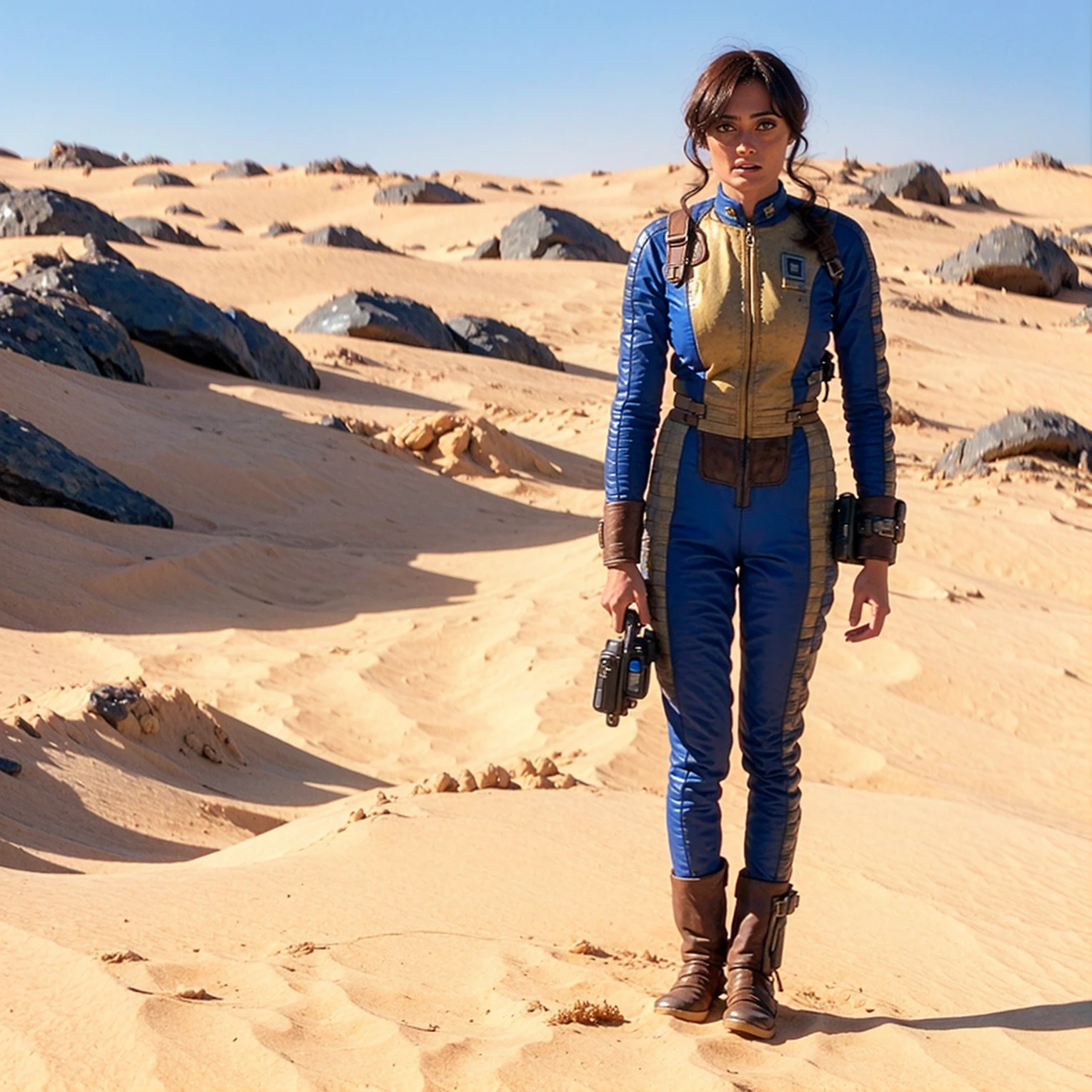 (One person). Close up of 18 year old slim Lucy from Fallout TV show standing in a post apocalyptic ruined city wearing a blue and gold vaultsuit (no backpack or backpack should straps). Photo-realistic. From Fallout TV series. Cinematic, Rich color, masterpiece, hyper realistic, ultra detailed, high quality, best quality, 4k, 8k, hi resolution, Cinematic. realistic colors, realistic, vaultsuit Lucy