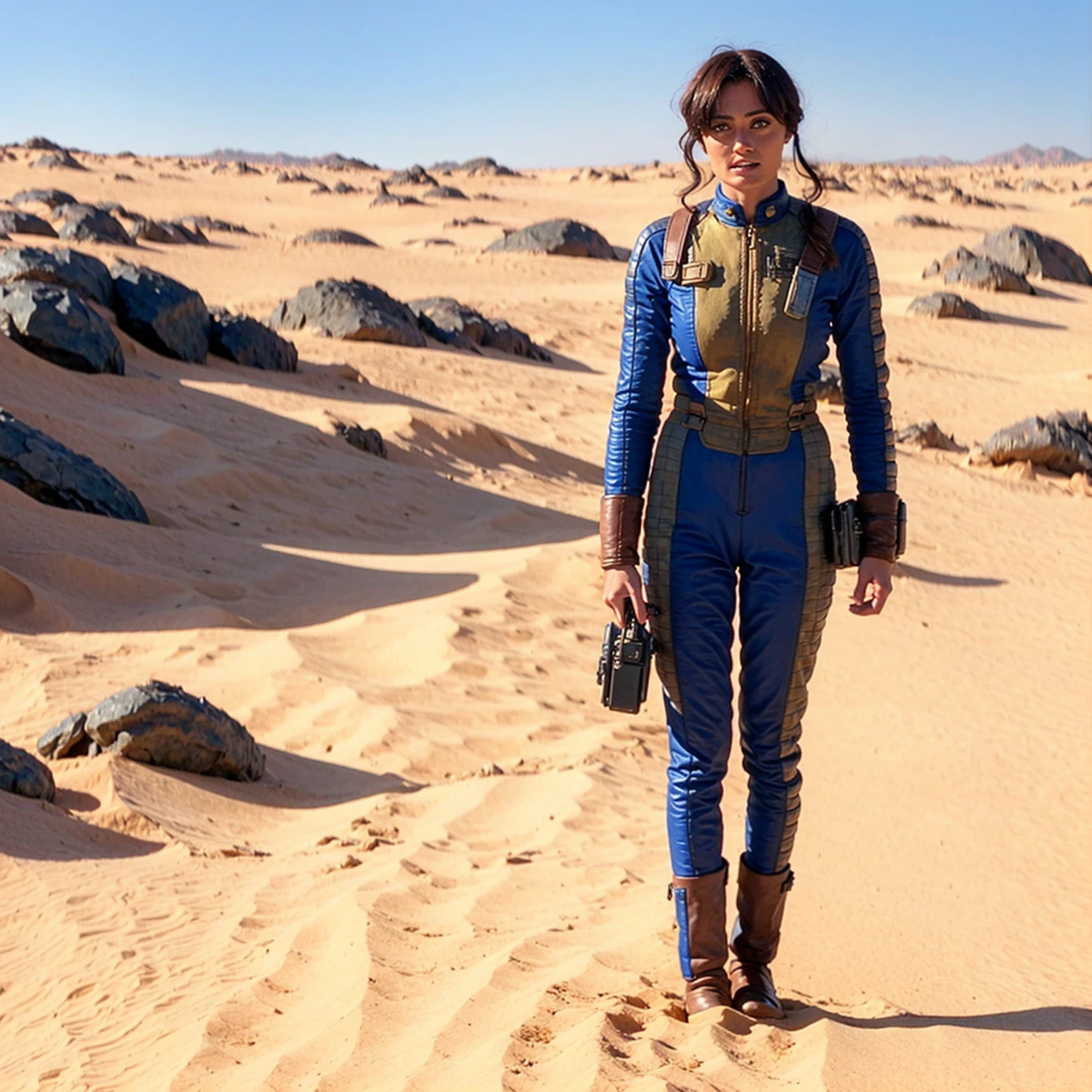 (One person). Close up of 18 year old slim Lucy from Fallout TV show standing in a post apocalyptic ruined city wearing a blue and gold vaultsuit (no backpack or backpack should straps). Photo-realistic. From Fallout TV series. Cinematic, Rich color, masterpiece, hyper realistic, ultra detailed, high quality, best quality, 4k, 8k, hi resolution, Cinematic. realistic colors, realistic, vaultsuit Lucy