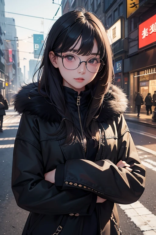 Highest quality、masterpiece、High sensitivity、High resolution、Detailed Description、Slender women、Glasses、Fur coat、Cross your arms、Banknotes falling from the sky、In the middle of the city、