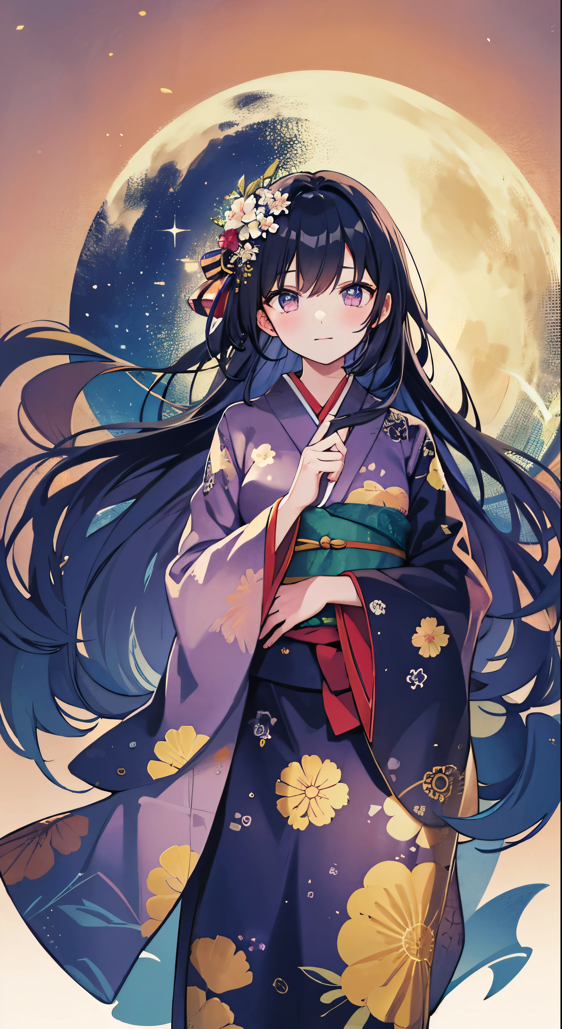 Highest quality、high_resolution、distinct_image、Detailed Background、girl、kimono、flower、garden、moon、night、holland angle、Wide Shot、Crown、