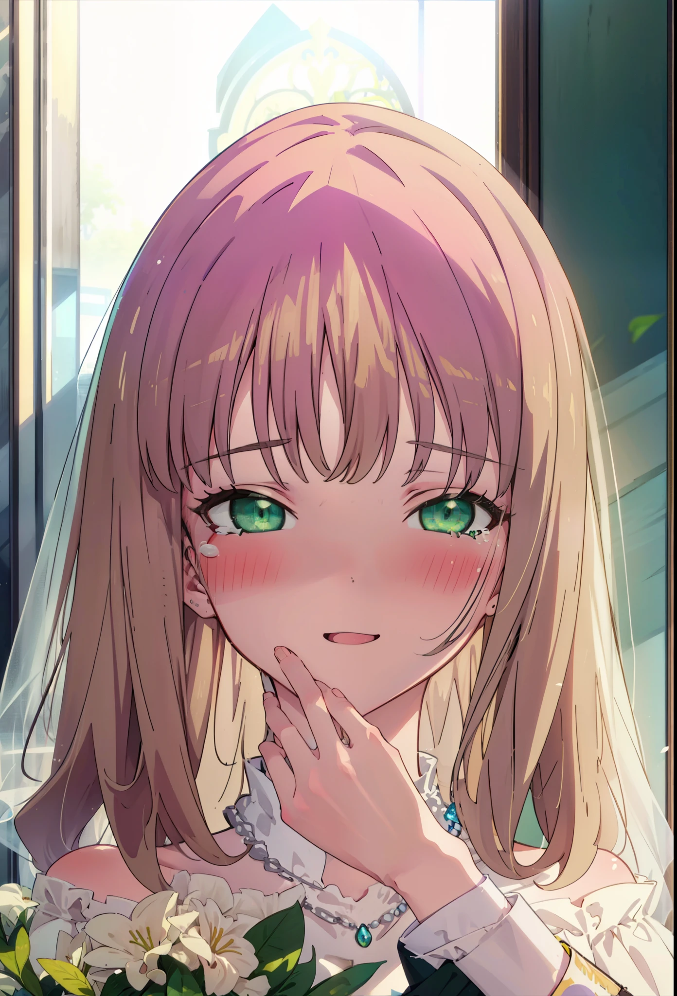 minami yume ,sss Dynazenon ,Long Hair, Brown Hair, (Green Eyes:1.5) ,blush,happy smile, smile, Open your mouth,Off-the-shoulder wedding dresses,Wedden Skirt,necklace,Veil,bouquet,Close both eyes,Tears stream down her face,Tears of joy,I cry a lot,
break looking at viewer, whole body,(Cowboy Shot:1. 5) break indoors, Chapel,church, break (masterpiece:1.2), Highest quality, High resolution, unity 8k wallpaper, (shape:0.8), (Beautiful attention to detail:1.6), Highly detailed face, Perfect lighting, Highly detailed CG, (Perfect hands, Perfect Anatomy),