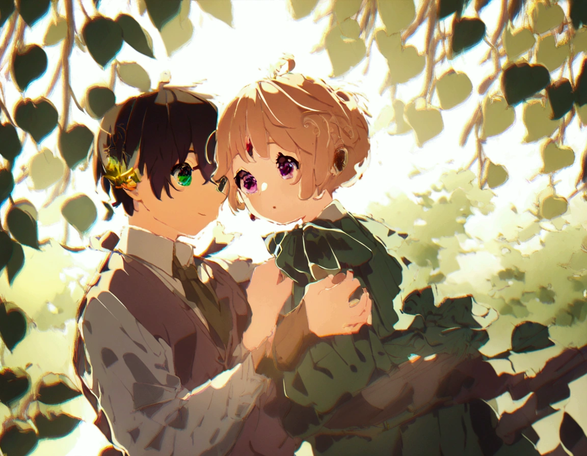 A whimsical young asian anime boy and girl  composed of delicately arranged Asia anime boy and girl , poised in a carefree dance on the rim of a weathered,dancing set , set against a lush, vibrant forest backdrop, where dappled sunlight filters through the canopy above, casting intricate shadows. The overall aesthetic is ethereal, with warm, earthy tones of sienna, umber, and olive green, infused with hints of emerald and golden light, evoking a sense of wonder and enchantment, as if plucked from a fantastical realm.