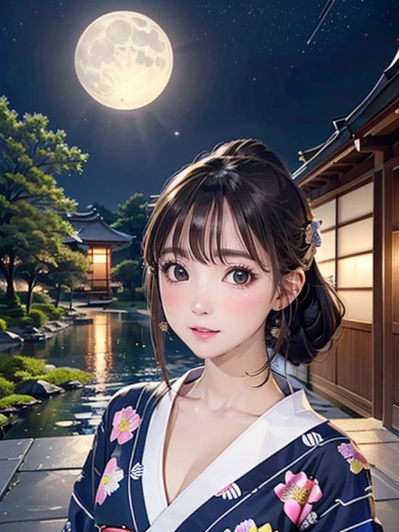 (Highest quality、 8k wallpaper、masterpiece、High resolution)、Vibrant colors、Ample breasts、Black hair in a Japanese round topknot、Brown-black bob、Beautiful girl in yukata、Vivid floral pattern、whole body、(Highly detailed face and eyes、Beautiful Face、Beautiful Eyes、Beautiful nose、Pretty lips)、A friendly gaze、above the knee shot、Highly detailed background、Japanese garden、moonlight、Full moon and starry sky、Official Art、