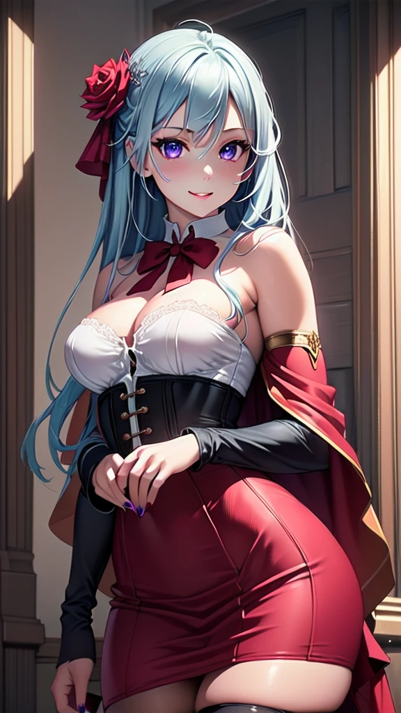 masterpiece, best quality, solo girl, silverly blue hair, purple eyes, long hair, medium breasts, sexy body and face, wavy hair, smile, parted lips, red lips, ribbon, crown of thorns, thorns, (red cape, dress flower), detached sleeves, hair flower, hair ornament, long sleeves, black corset, long skirt, red dress, rose, strapless dress, long skirt, thighhighs, thighlet, red nails, dress flower, black thighhighs, mksks style, beautiful background, orchestra, indoors, sexy pose, cowboy shots, sharp focus, ultra-detailed body, face, and eyes, vibrant, creative, dynamic, high definition, high resolution, 8k, (Upscale: R-ESRGAN 4x+ Anime6mage enchance:4x), voluptuous body, cinema lightning, looking at the viewer, (realistic:1.4), (beautiful detailed face, beautiful detailed eyes, volumetric lighting), 